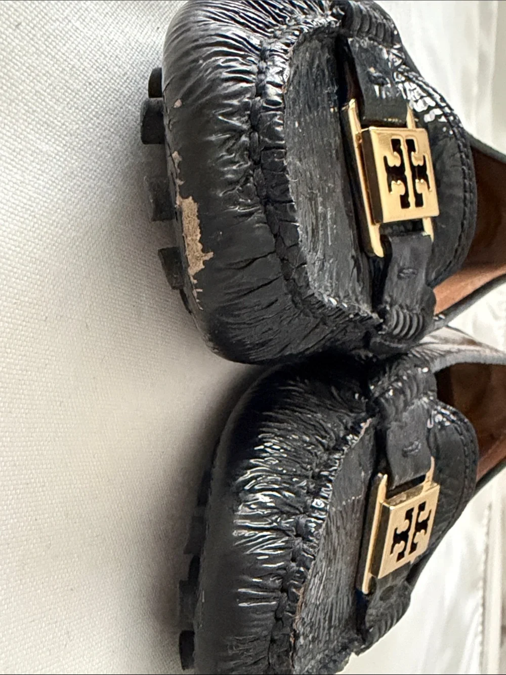 Tory Burch shiny nave blue Patent Leather Loafers with Gold Logo Accent